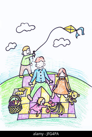 Acht Jahre alten Kinder Kreide Zeichnung ihrer Familie ein Picknick Stockfoto