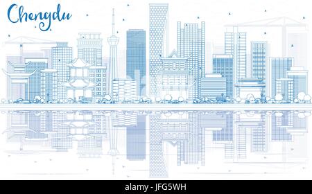 Umriss Chengdu Skyline mit blauen Gebäuden und Reflexionen. Vektor-Illustration. Geschäftsreisen und Tourismus-Konzept mit moderner Architektur. Stock Vektor