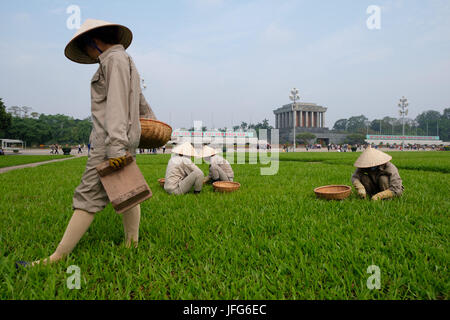 Gärtner kümmert sich um den Rasen in der Ba Dinh Platz vor der Ho Chi Minh Mausoleum in Hanoi, Vietnam, Asien Stockfoto