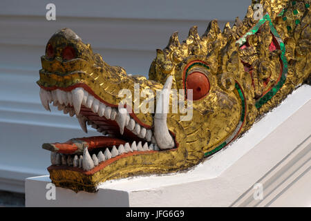 Detail einer Naga Drache Schlange Kopf am unteren Ende der Treppe zum Haw Pha Bang Tempel im Königlichen Palast in Luang Prabang, Laos, Asien Stockfoto