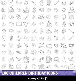 100 Kinder Geburtstag Symbole setzen, Umriss-Stil Stock Vektor