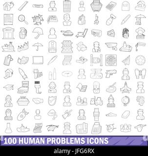 100 menschlichen Probleme Icons Set, Umriss-Stil Stock Vektor