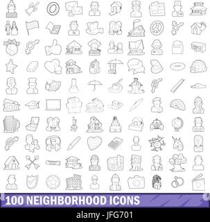 100 Nachbarschaft Icons Set, Umriss-Stil Stock Vektor