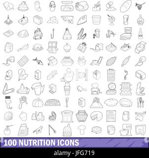 100 Ernährung Icons Set, Umriss-Stil Stock Vektor