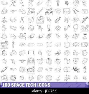 100 Platz Tech Icons festlegen, skizzieren Stil Stock Vektor