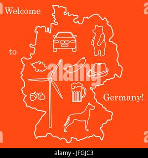 Vector Illustration mit verschiedenen Symbolen in Deutschland. Reisen und Freizeit. Design für Banner, Poster oder Drucken. Stock Vektor
