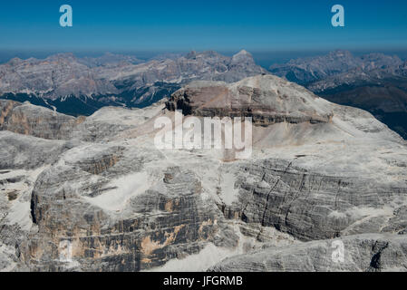 Sellagruppe mit Piz Boe, Dolomiten, Luftbild, Hochgebirge, Trentino, Italien Stockfoto