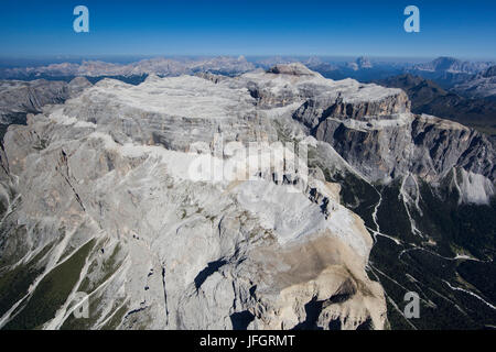 Sellagruppe mit Piz Selva, Piz Boe, Sas de Pordoi, Dolomiten, Luftbild, Hochgebirge, Trentino, Italien Stockfoto