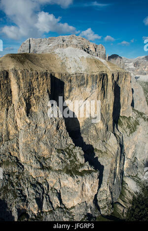 Sellagruppe, Sprossenwand, Sas de Salei, Piz Selva, Dolomiten, Luftbild, hohe Berge, Trentino, Italien Stockfoto