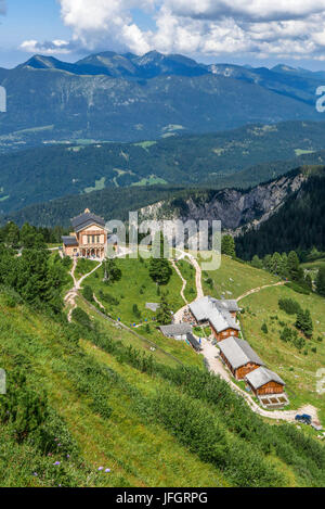 Königshaus am Schachen mit Schachen House, Wettersteingebirge, Blick über Eckbauer auf Estergebirge, Stockfoto