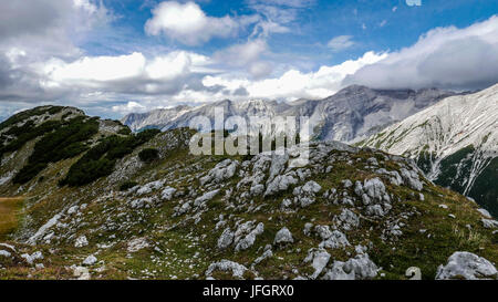 Rock und Rasen und Berg Kiefern auf der Rückseite die Wiederholungen verfügen über einen Blick auf Kaltwasserspitzet in Wolken, Karwendel, Tyrol, Stockfoto