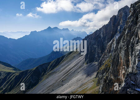 Ansicht der östlichen Wang-Scharte am Mieminger Gebirge mit hohen Wand und Hochplattig und Mitter Punkte auf der rechten Seite Oberreintalschrofen, Wettersteingebirge Stockfoto