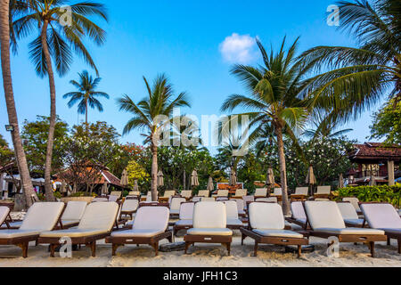 Liegestühle am Strand warte für Touristen, Chaweng Beach, Insel Ko Samui, Thailand, Asien Stockfoto