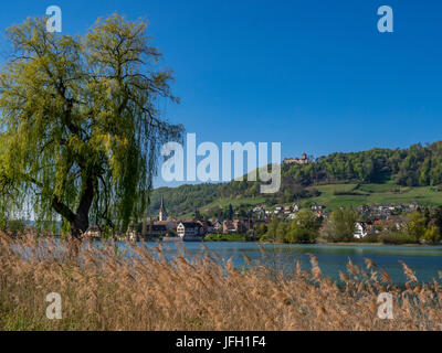 Blick auf die Inselgruppe zu werden über den Rhein, dahinter das alte Städtchen Stein am Rhein und die Burg hoch klingen, Kanton Schaffhausen, Schweiz, Europa Stockfoto