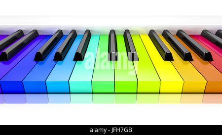 Klavier mit Regenbogen farbigen Tasten Hintergrund Stockfoto