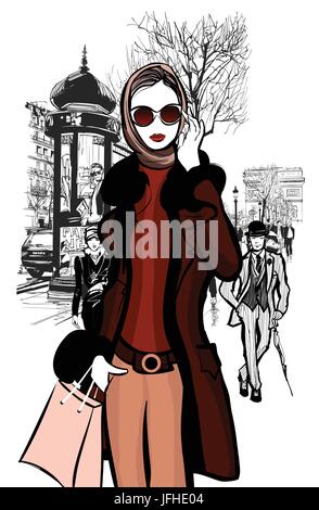 Frau shopping auf den Champs-Elysees in Paris mit Arc de Triomphe im Hintergrund - Vektor-illustration Stock Vektor