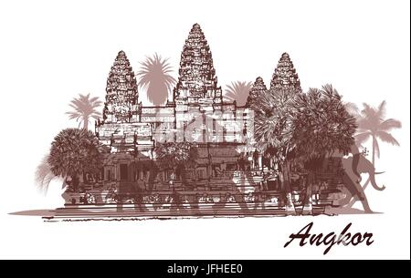 Angkor Wat mit Elefanten und Palmen - Vektor-illustration Stock Vektor