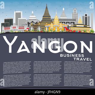 Yangon Skyline mit grauen Gebäuden, blauer Himmel und Textfreiraum. Vektor-Illustration. Geschäftsreisen und Tourismus-Konzept mit historischer Architektur. Stock Vektor