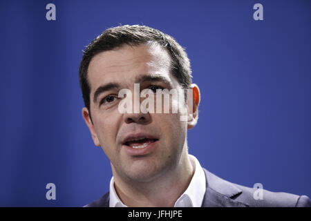 Merkel und Tsipras Griechenlands während der Pressekonferenz in Berlin. Stockfoto