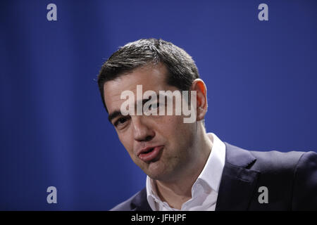 Merkel und Tsipras Griechenlands während der Pressekonferenz in Berlin. Stockfoto