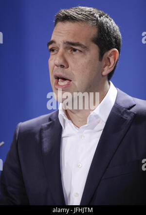 Merkel und Tsipras Griechenlands während der Pressekonferenz in Berlin. Stockfoto