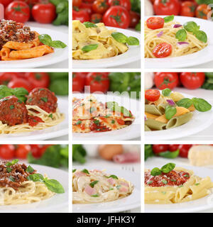 Italienisches Essen Collage von Spaghetti essen Pasta Gerichte Nudeln mit Tomaten Stockfoto