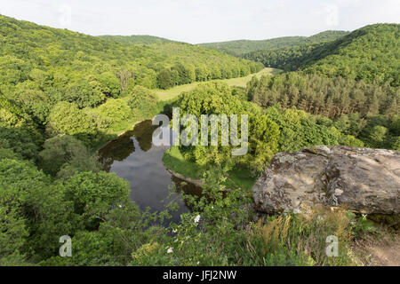 Flussschleife, Flussfelsen, Holz, Stockfoto