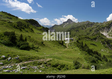 Freiburger Hütte, Gipfel, Alp, Wiese, Himmel, Weg Stockfoto