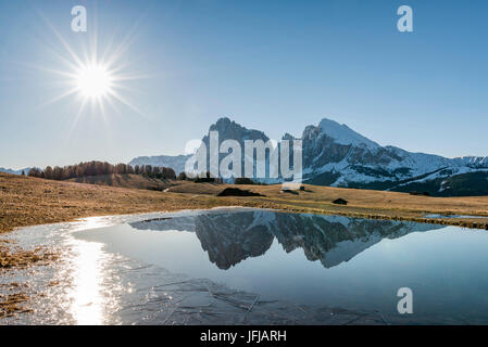 Alpe di Seis/Seiser Alm, Dolomiten, Südtirol, Italien, Reflexionen auf der Alpe di Seis/Seiser Alm Stockfoto