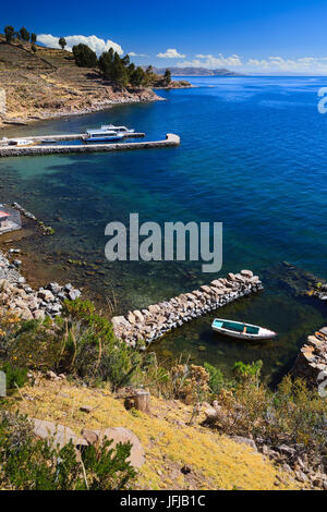 Isla Taquile auf der peruanischen Seite des Titicacasees, Provinz Puno, Peru Stockfoto