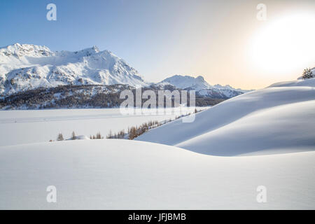 Landschaft, abgerundet durch heftige Schneefälle mit Blick auf Piz De La Margna, Kanton Graubünden, Engadin, Schweiz, Europa Stockfoto