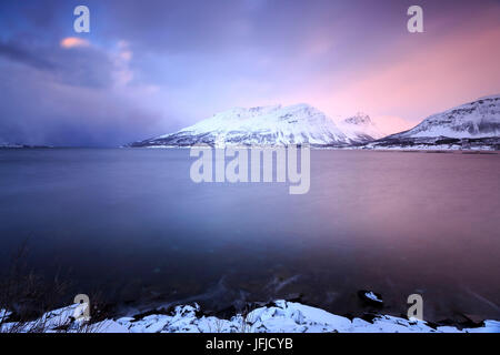 Der Himmel verfärbt sich rosa bei Sonnenuntergang und spiegelt sich in das gefrorene Meer Storfjorden Lappland Lyngen Alpen Tromsø Norwegen Europa Stockfoto