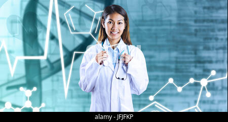 Zusammengesetztes Bild des asiatischen Arzt mit Stethoskop Stockfoto