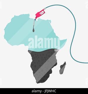 Karte von Afrika durch Öl getankt werden. Gas Pumpe betriebenen Karte. Auf der Karte gibt es Glas Reflexion. Konzeptionelle. Öl produzierenden oder Importländern. Stock Vektor