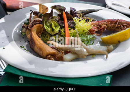 Verschiedene Arten von Fisch vom Grill auf einer weißen Platte Stockfoto