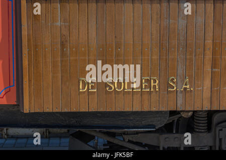 Vintage Zug, Straßenbahn in Port de Soller, Mallorca Stockfoto