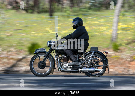 Jahrgang 1951 Triumph Speed Twin Motorrad auf der Landstraße in der Nähe der Stadt Birdwood, South Australia. Stockfoto