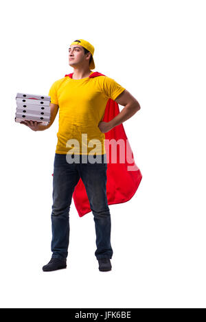 Super-Helden Pizza Zusteller isoliert auf weiss Stockfoto