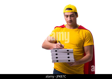 Super-Helden Pizza Zusteller isoliert auf weiss Stockfoto