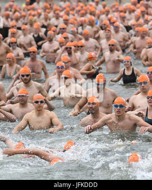 Altefaehr, Deutschland. 1. Juli 2017. Der 53. internationalen Sund schwimmen Contest startete auf der Insel Rügen mit über 1000 Teilnehmern in Altefaehr, Deutschland, 1. Juli 2017. Mit der Wassertemperatur bei 18 Grad Celsius müssen die Schwimmer die 2.315 Meter lange Strecke zwischen der Ostsee Insel Rügen und die Stadt Stralsund zu beherrschen. Foto: Stefan Sauer/Dpa-Zentralbild/Dpa/Alamy Live News Stockfoto