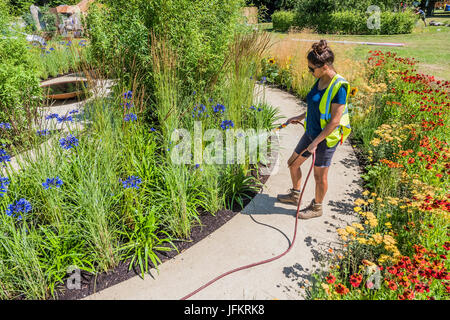 Hampton Court Palace, London, UK. 2. Juli 2017. Der Staudengarten Heiligtum von Tom Massey für Gärtner Royal Bennevolent Society - Vorbereitungen für die Hampton Court Flower Show, organisiert von der Royal Horticultural Society (RHS). Auf dem Gelände des Hampton Court Palace, London, 2. Juli 2017 Credit: Guy Bell/Alamy Live News Stockfoto