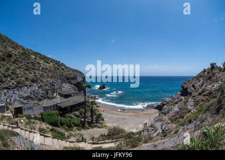 Fisheye Blick über die Bucht von La Cala Restaurant und Cala del Barco im La Manga Club Resort in Murcia Spanien Stockfoto