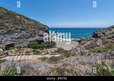 Fisheye Blick über die Bucht von La Cala Restaurant und Cala del Barco im La Manga Club Resort in Murcia Spanien Stockfoto