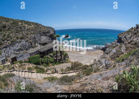 Fisheye Blick über die Bucht von La Cala Restaurant und Cala del Barco im La Manga Club Resort in Murcia Spanien Stockfoto
