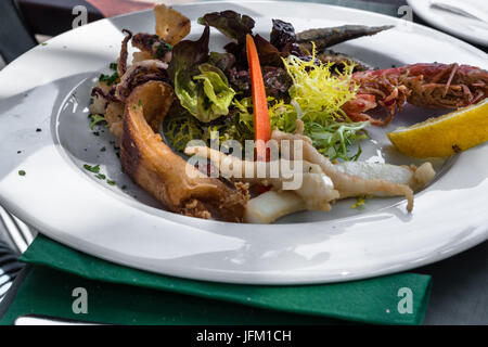 Verschiedene Arten von Fisch vom Grill auf einer weißen Platte Stockfoto