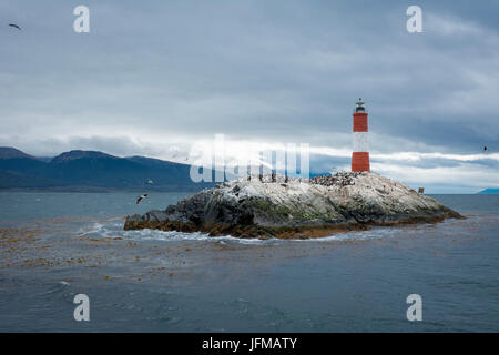 Argentinien, Patagonien, Feuerland Nationalpark, Ushuaia, Beagle-Kanal, Les légions Leuchtturm Stockfoto