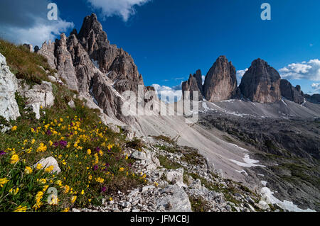 Drei Zinnen/Tre Cime di Lavaredo, Dolomiten, Südtirol, Bozen, Italien, Stockfoto