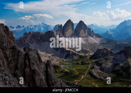 Drei Zinnen/Tre Cime di Lavaredo aus Crodon di San Candido, Sextner Dolomiten-Dolomiti di Sesto, Südtirol, Italien, Stockfoto