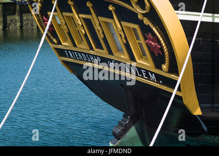 USA, Massachusetts, Salem, Derby Wharf, Mottenhalle, Freundschaft, Heck Detail Stockfoto