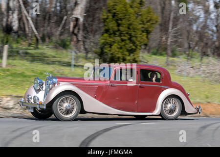 Jahrgang 1948 Jaguar MK IV fahren auf der Landstraße in der Nähe der Stadt Birdwood, South Australia. Stockfoto